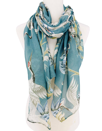 Teal Crane Scarf – Lightweight, Artistic & Effortlessly Elegant