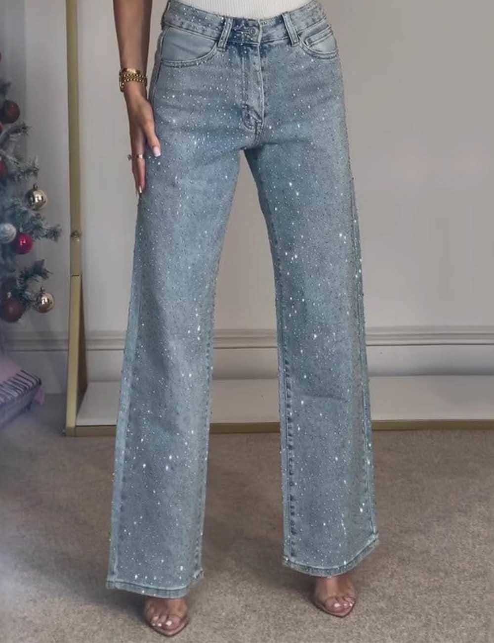 Ladies Rhinestone Button Pocket Straight Denim Pants – Stretchy, Stylish & Effortlessly Chic