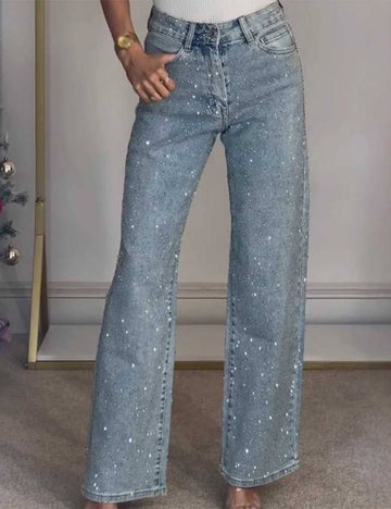 Ladies Rhinestone Button Pocket Straight Denim Pants – Stretchy, Stylish & Effortlessly Chic
